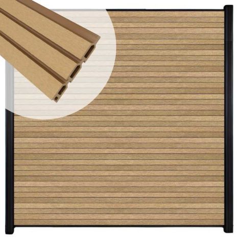 Zelfbouw schutting composiet Rhombus Triple teak - zwart alu accessoires (180 x 200 cm)