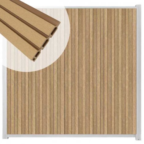 Zelfbouw schutting verticaal Rhombus Triple teak - wit alu accessoires (170 x 180 cm)