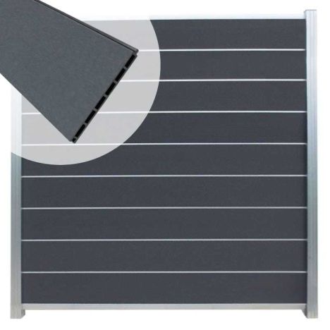 Zelfbouw schutting composiet Modular rock grey met blank alu accessoires (180 x 200 cm)