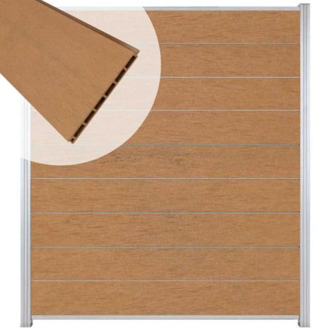 Zelfbouw schutting composiet Modular bruin gevlamd - blank alu accessoires (180 x 200 cm)