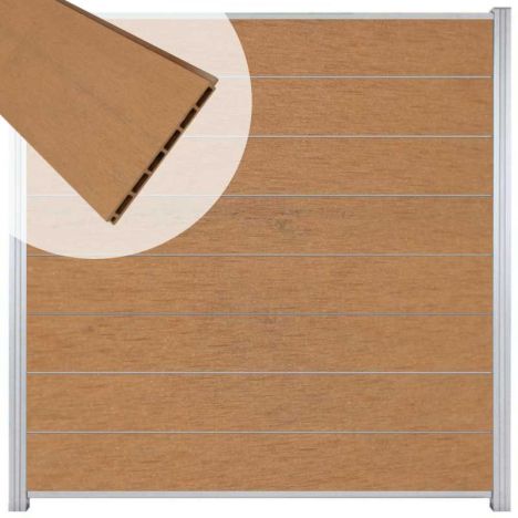 Zelfbouw schutting composiet Modular bruin gevlamd - blank alu accessoires (180 x 180 cm)