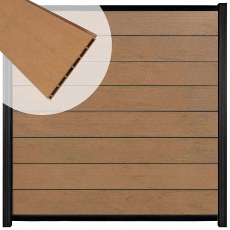 Zelfbouw schutting composiet Modular bruin gevlamd - zwart alu accessoires (180 x 180 cm)