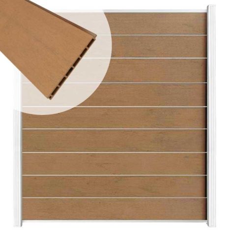 Zelfbouw schutting composiet Modular bruin gevlamd - wit alu accessoires (180 x 200 cm)