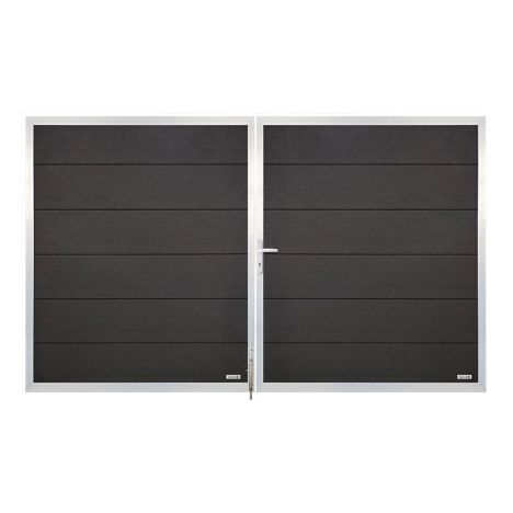 Dubbele poort composiet Forte antraciet met blank aluminium kader (300 x 180 cm)