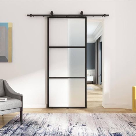 Zelfbouw schuifdeur staal - Loft - 3 vaks mat glas - 213,4 x 91,4 cm - inclusief schuifsysteem