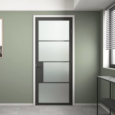 Stalen binnendeur met kozijn - Loft zwart - Rechtsdraaiend 4-vaks matglas - 83 x 201,5 cm