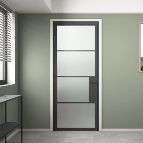 Stalen binnendeur met kozijn - Loft zwart - Linksdraaiend 4-vaks matglas - 83 x 201,5 cm