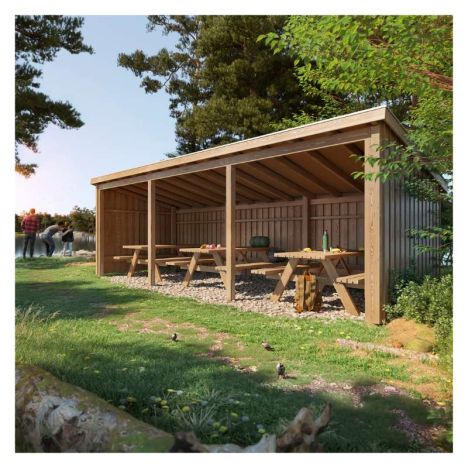 Overkapping met 3 picknicktafels 14 m2 - 635 x 218 x 169/220 cm