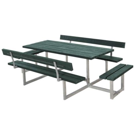 Picknicktafel gerecycled kunststof - Basic - groen 4 banken 2 met rugleuning - 184 x 260 x 75 cm