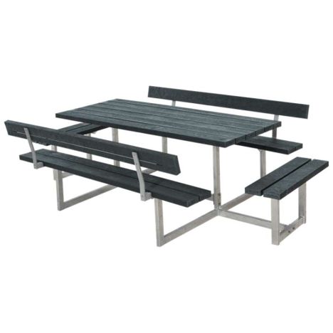 Picknicktafel gerecycled kunststof - Basic - grijs 4 banken 2 met rugleuning - 184 x 260 x 75 cm