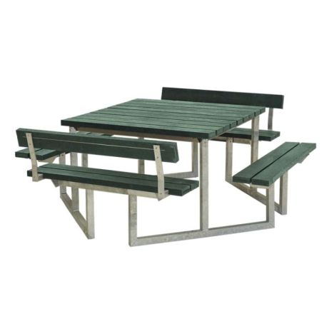Picknicktafel gerecycled kunststof groen - Twist vierkant 2 rugleuningen 227 x 204 x 76 cm