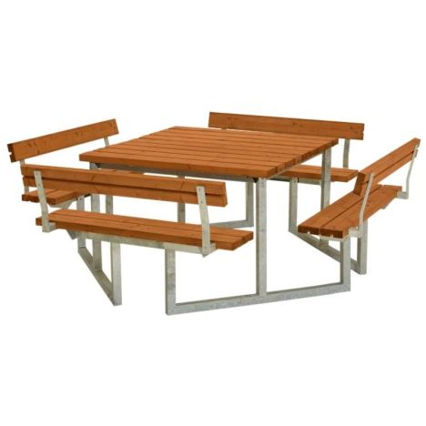 Picknicktafel vuren geimpregneerd - Twist vierkant 4 rugleuningen gegrond teak 227 x 227 x 76 cm