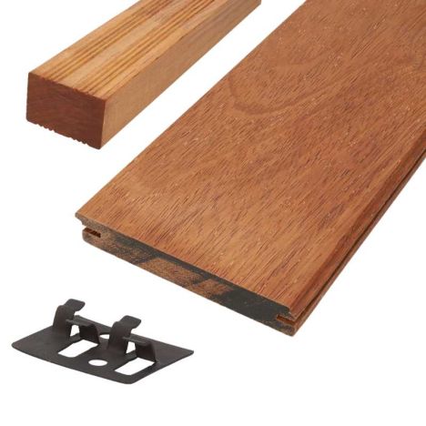Vlonderplank totaalpakket hardhout Merbau 2,1 x 14,5 cm (2,45 mtr) geschaafd voor RVS clips
