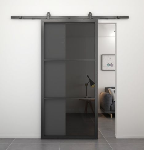 Stalen schuifdeur - Loft - 3 vaks rookglas - 235 x 100 cm
