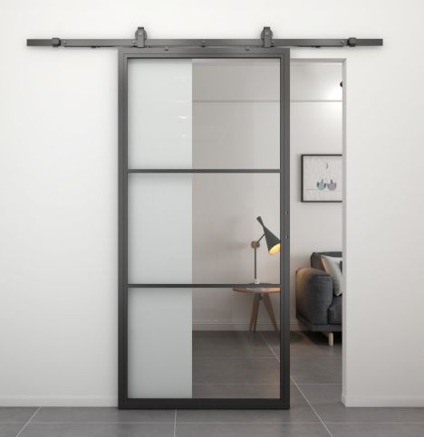 Stalen schuifdeur - Loft - 3 vaks helder glas - 215 x 100 cm