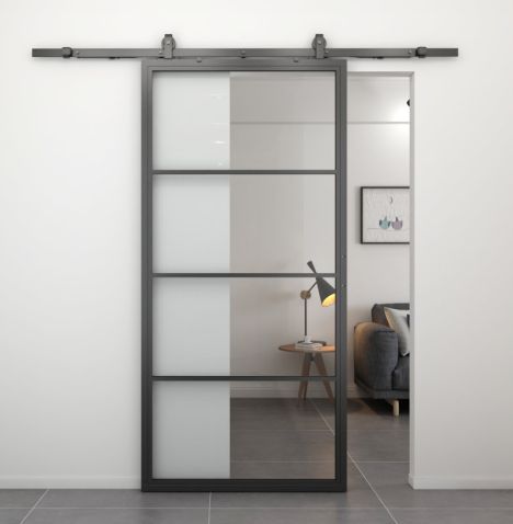 Stalen schuifdeur - Loft - 4 vaks helder glas - 235 x 100 cm