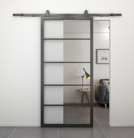 Stalen schuifdeur - Loft - 5 vaks helder glas - 235 x 100 cm