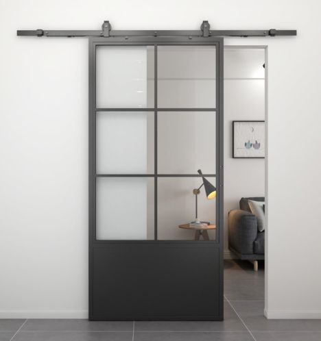 Stalen schuifdeur - Loft - 6 vaks helder glas - kickplate - 235 x 100 cm