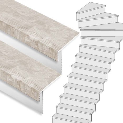 Traprenovatie set - 1 kwart draai - 14 treden SPC toplaag Beton Taupe incl. witte stootborden