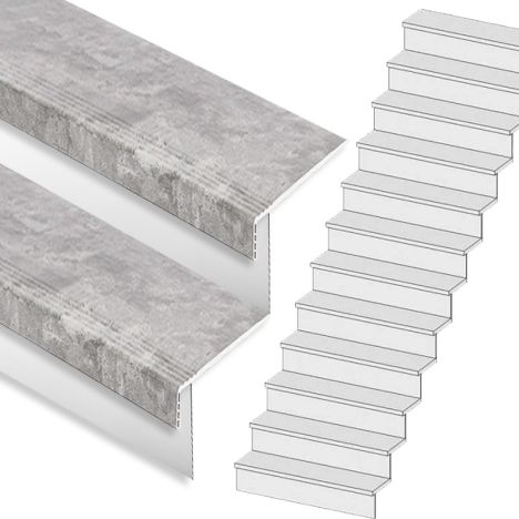 Traprenovatie set - rechte trap - 14 treden SPC toplaag Beton grijs incl. witte stootborden