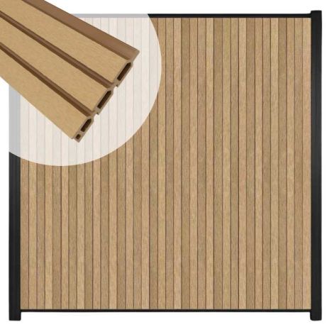 Zelfbouw schutting verticaal Rhombus Triple teak - zwart alu accessoires (170 x 180 cm)