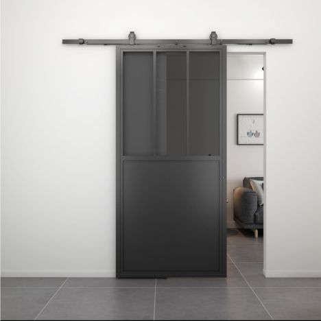 Stalen schuifdeur - Loft - 3 vaks rookglas - kickplate - 235 x 100 cm