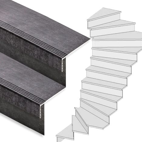 Traprenovatie set - 2 kwart draai - 12 treden SPC toplaag Beton zwart incl. stootborden