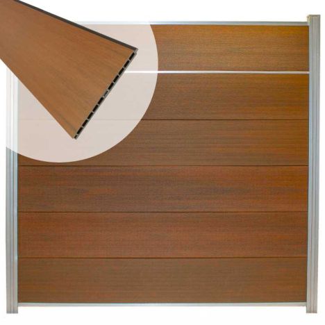 Schutting composiet co-extrusie Como teak met blank aluminium kader en sierlijst (180 x 180 cm)