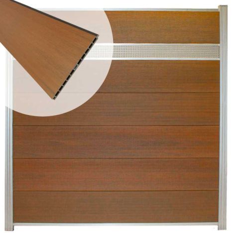 Schutting composiet co-extrusie Como teak met blank alu kader en deco lamel rooster (180x190cm)
