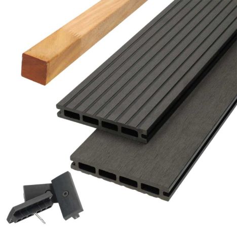Vlonder totaalpakket composiet 2,1 x 14 cm antraciet (5 mtr) vlak/grove ribbel