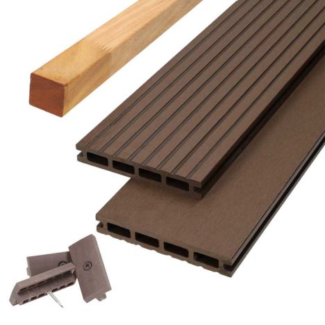 Vlonder totaalpakket composiet 2,1 x 14 cm donker bruin (3 mtr) vlak/grove ribbel