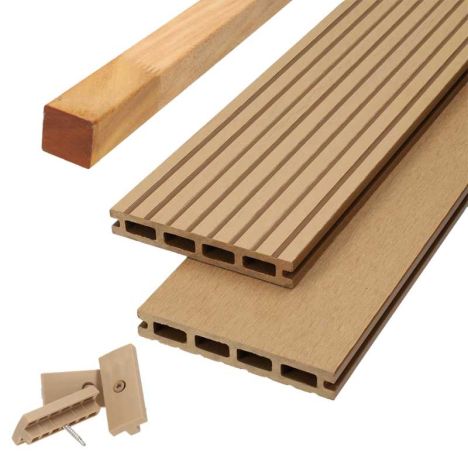 Vlonder totaalpakket composiet 2,1 x 14 cm teak bruin (5 mtr) vlak/grove ribbel