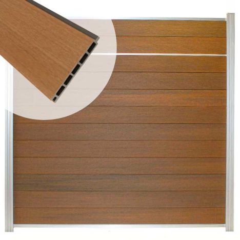 Schutting composiet co-extrusie Garda teak met blank aluminium kader en sierlijst (180 x 180 cm)