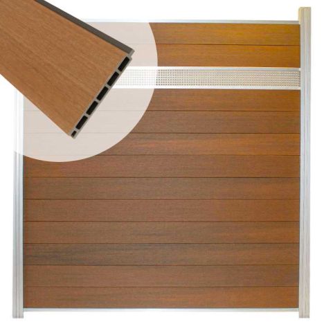 Schutting composiet co-extrusie Garda teak met blank alu kader en deco lamel rooster (180x190cm)