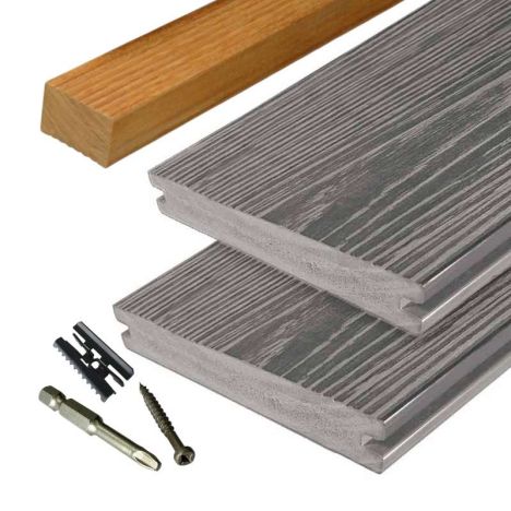 Vlonder totaalpakket composiet massief 2,4 x 19 cm driftwood grey (4 mtr) schorsmotief