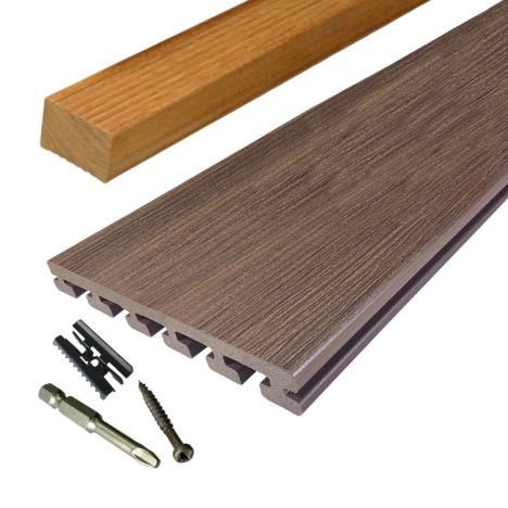 Vlonder totaalpakket composiet 2,5 x 21 cm Ipé (5 mtr) vlak/schorsmotief