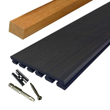 Vlonder totaalpakket composiet 2,5 x 21 cm Nero (5 mtr) vlak/schorsmotief