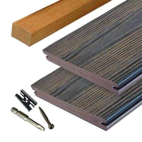 Vlonder totaalpakket composiet massief 2,4 x 19 cm driftwood dark (4 mtr) schorsmotief